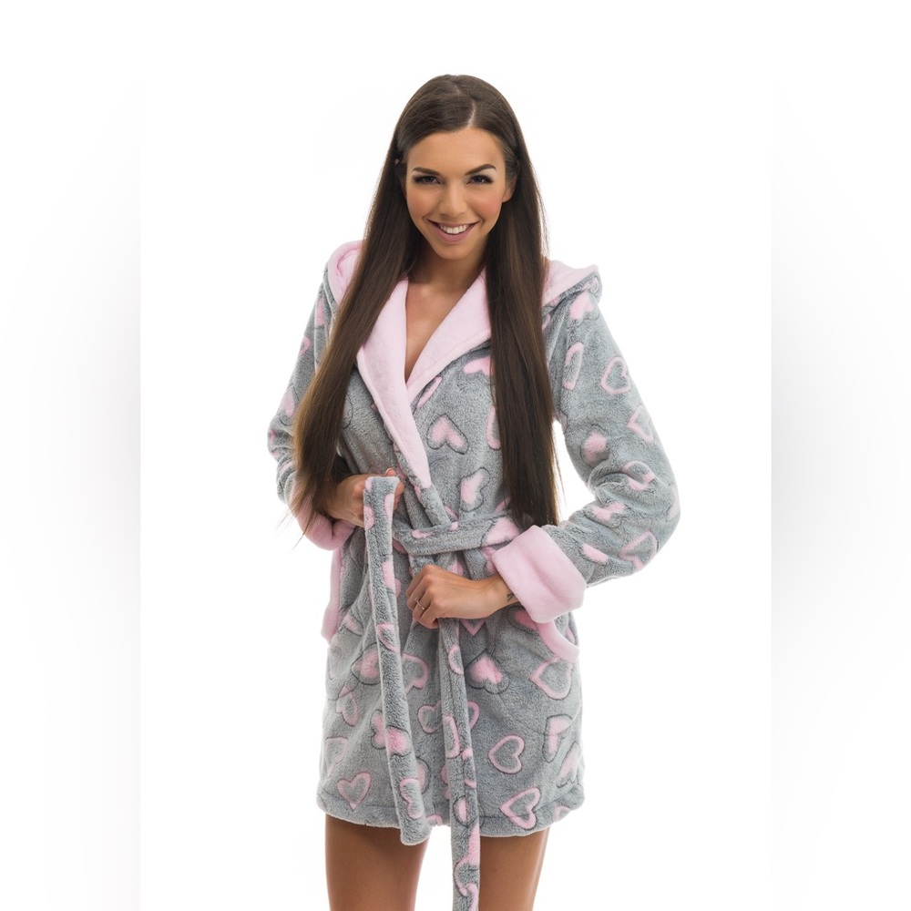 DH103 NEW Poppy Diary DH Gray-Rose Patterned Heart Soft Plush Bathrobes women